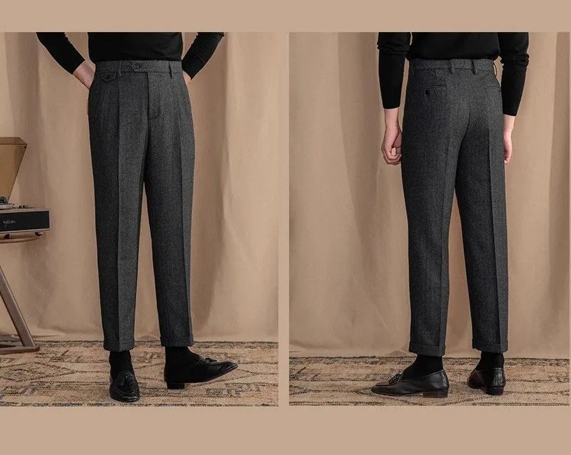 Italian Vintage Suit Pant For Men Autumn Winter Wool Herringbone Pattern Straight Trousers British Style Business Casual Pants
