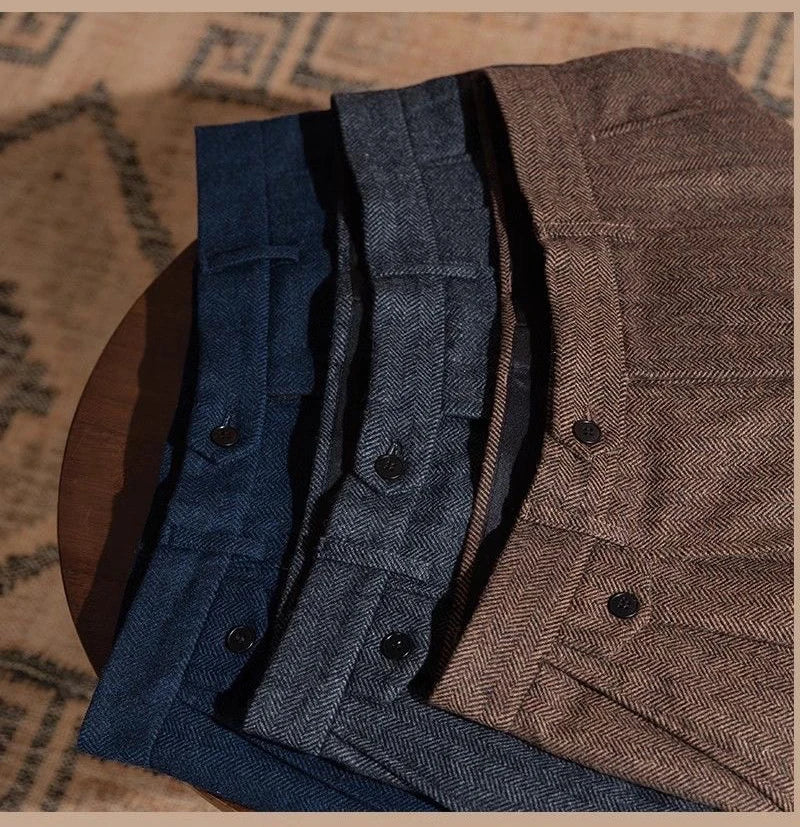 Italian Vintage Suit Pant For Men Autumn Winter Wool Herringbone Pattern Straight Trousers British Style Business Casual Pants