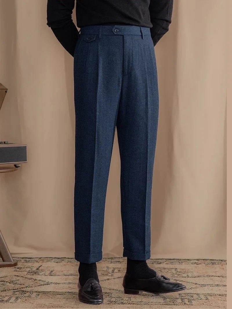Italian Vintage Suit Pant For Men Autumn Winter Wool Herringbone Pattern Straight Trousers British Style Business Casual Pants
