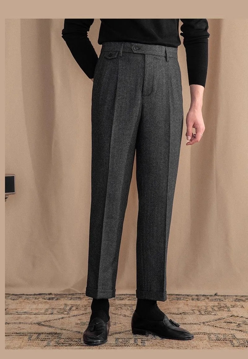 Italian Vintage Suit Pant For Men Autumn Winter Wool Herringbone Pattern Straight Trousers British Style Business Casual Pants