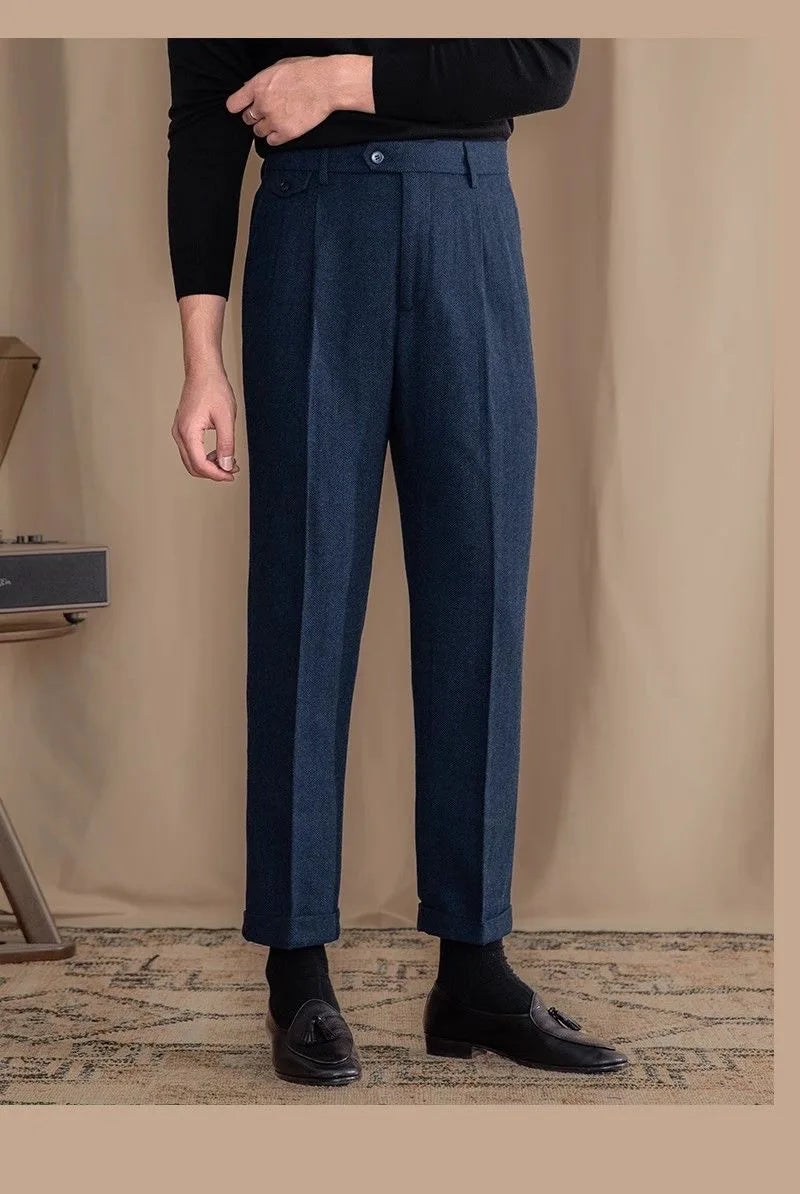 Italian Vintage Suit Pant For Men Autumn Winter Wool Herringbone Pattern Straight Trousers British Style Business Casual Pants