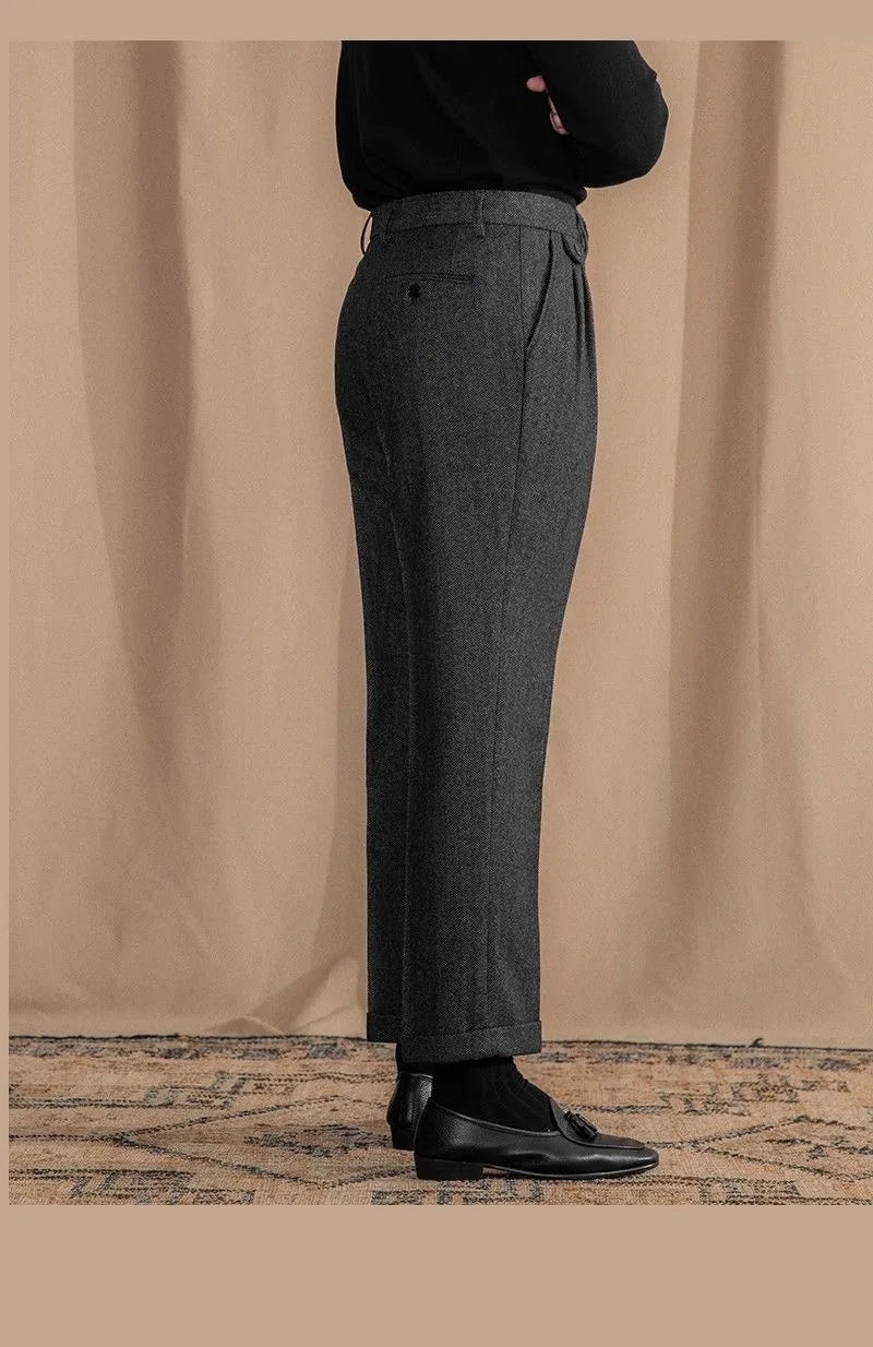 Italian Vintage Suit Pant For Men Autumn Winter Wool Herringbone Pattern Straight Trousers British Style Business Casual Pants