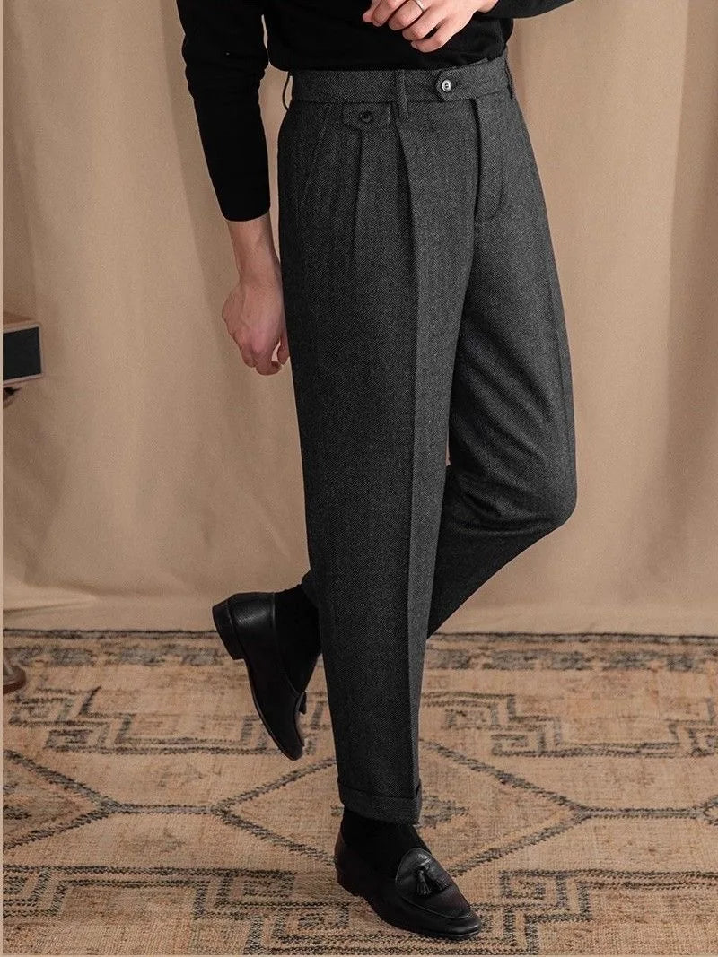 Italian Vintage Suit Pant For Men Autumn Winter Wool Herringbone Pattern Straight Trousers British Style Business Casual Pants