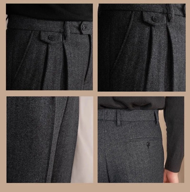 Italian Vintage Suit Pant For Men Autumn Winter Wool Herringbone Pattern Straight Trousers British Style Business Casual Pants