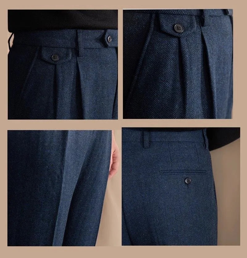 Italian Vintage Suit Pant For Men Autumn Winter Wool Herringbone Pattern Straight Trousers British Style Business Casual Pants