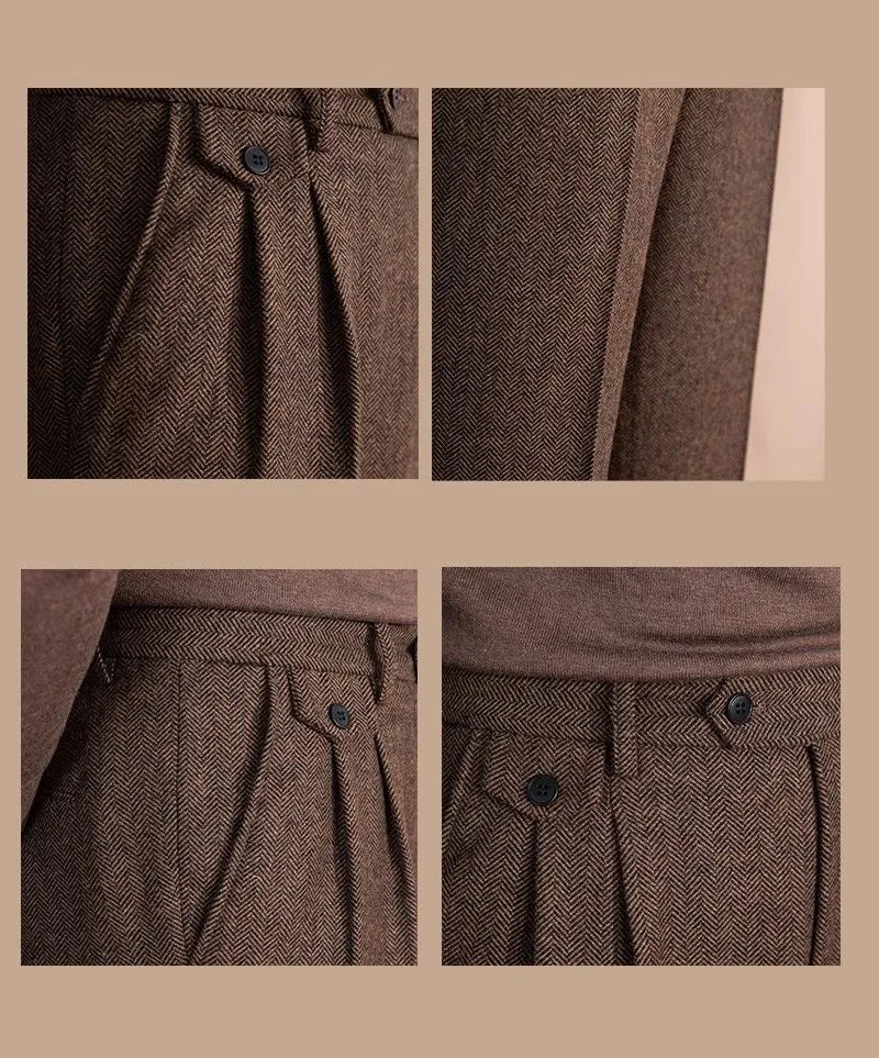 Italian Vintage Suit Pant For Men Autumn Winter Wool Herringbone Pattern Straight Trousers British Style Business Casual Pants