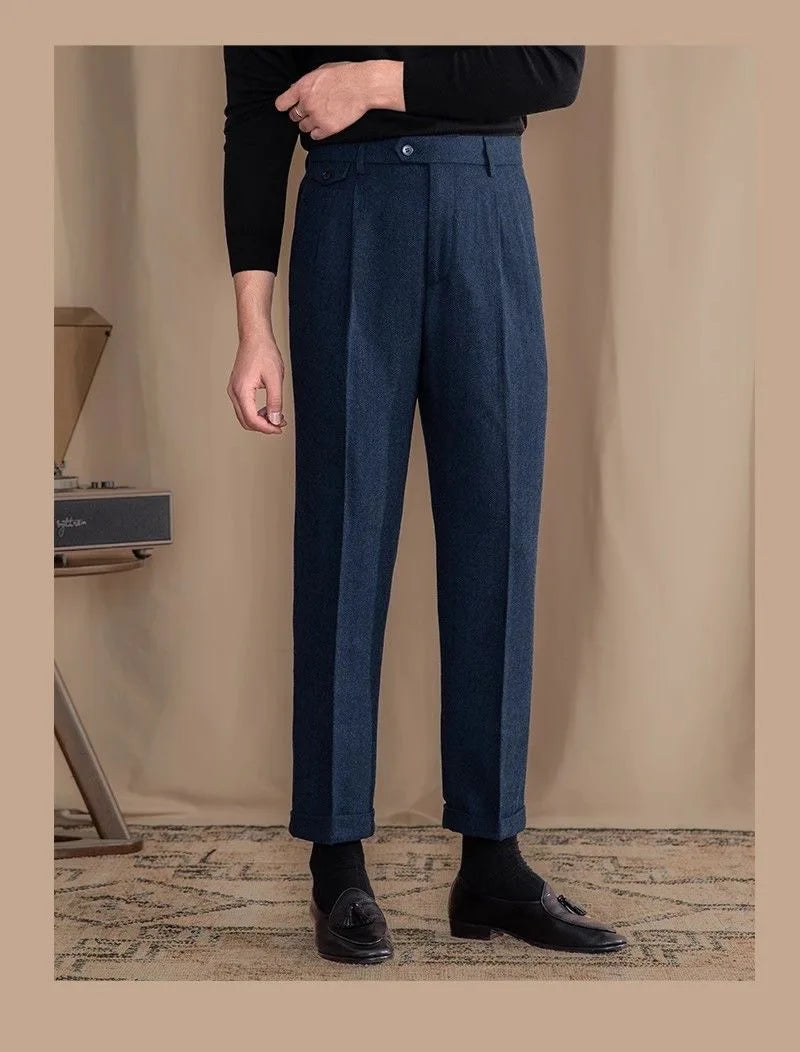 Italian Vintage Suit Pant For Men Autumn Winter Wool Herringbone Pattern Straight Trousers British Style Business Casual Pants