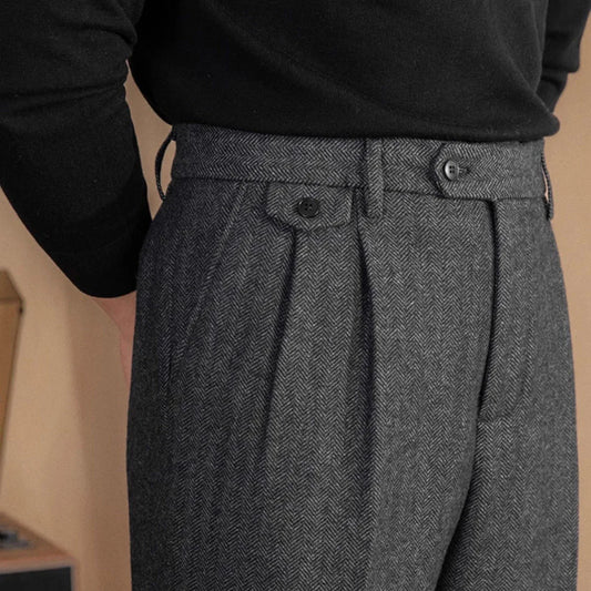 Italian Vintage Suit Pant For Men Autumn Winter Wool Herringbone Pattern Straight Trousers British Style Business Casual Pants